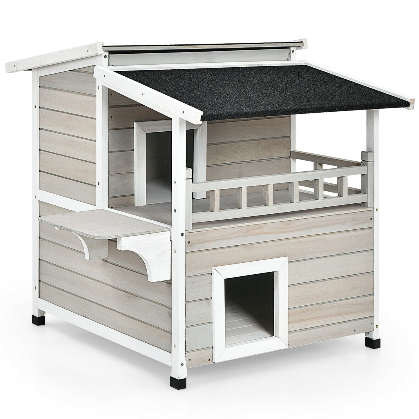 2-Story Wooden Cat Shelter with Large Balcony
