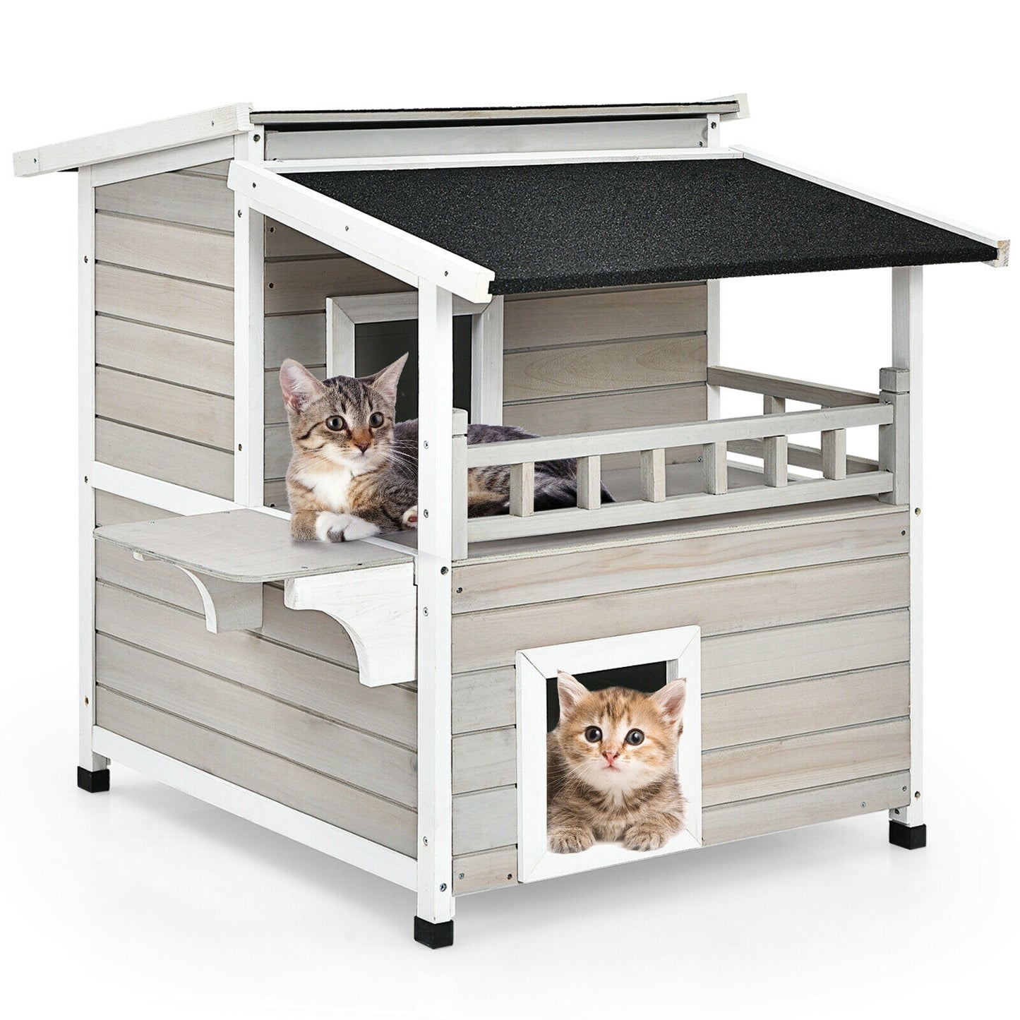 2-Story Wooden Cat Shelter with Large Balcony