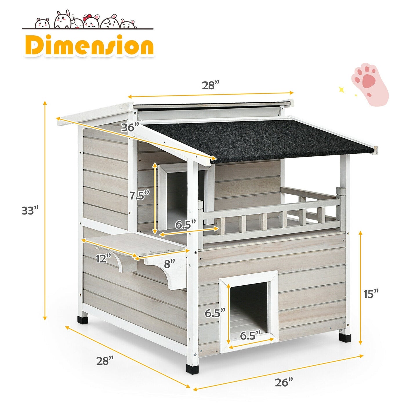 2-Story Wooden Cat Shelter with Large Balcony