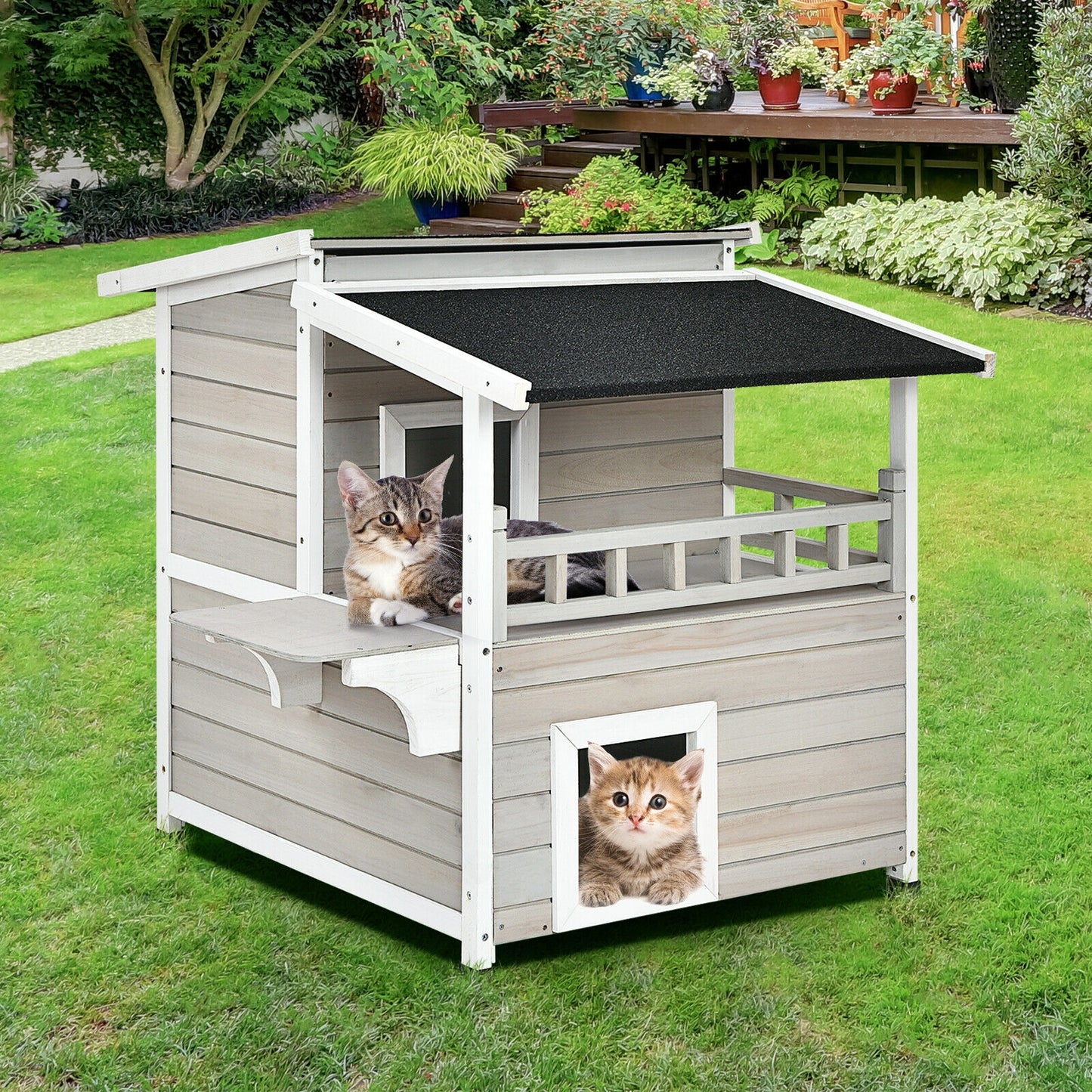 2-Story Wooden Cat Shelter with Large Balcony