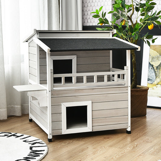 2-Story Wooden Cat Shelter with Large Balcony