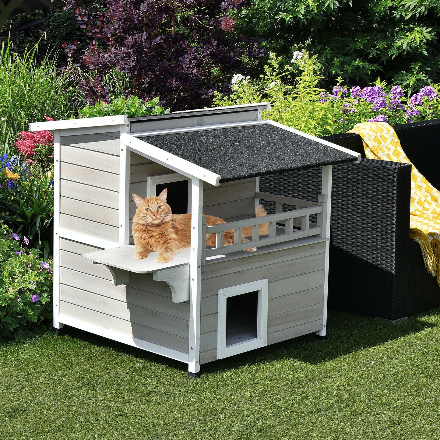 2-Story Wooden Cat Shelter with Large Balcony
