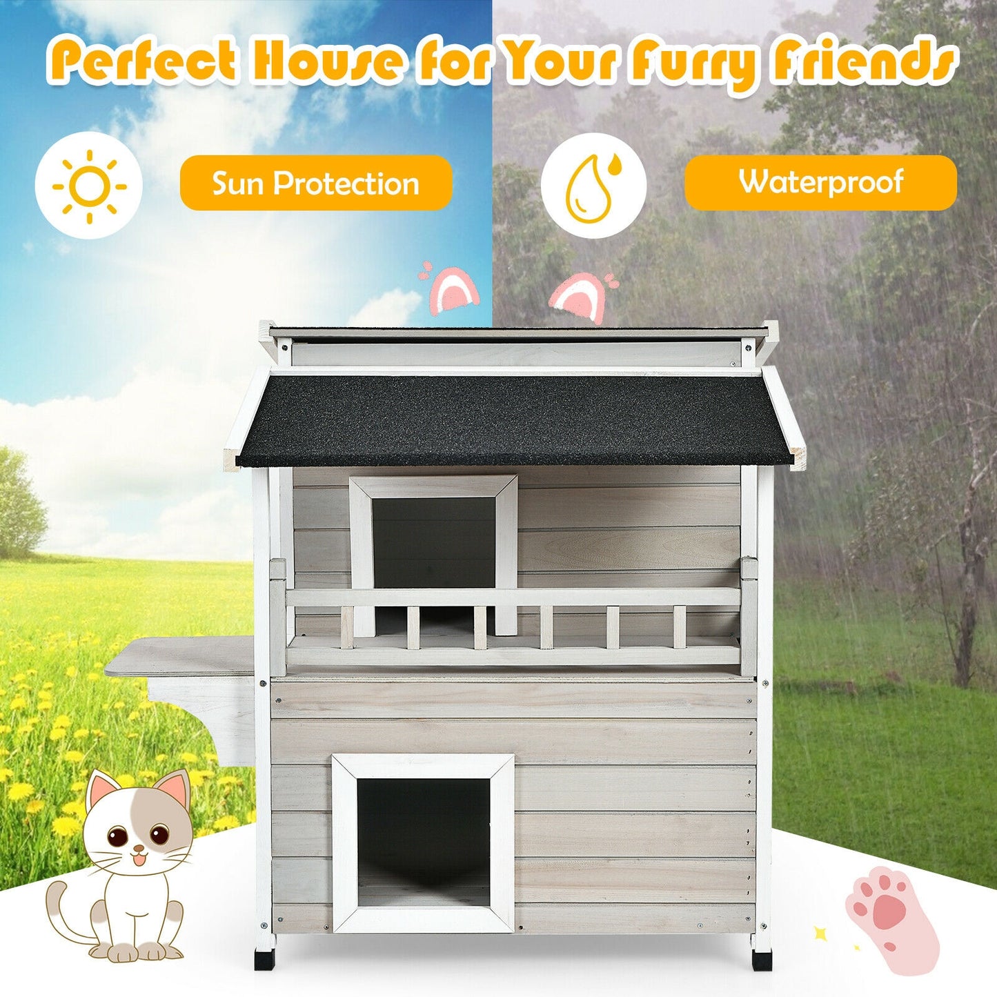 2-Story Wooden Cat Shelter with Large Balcony