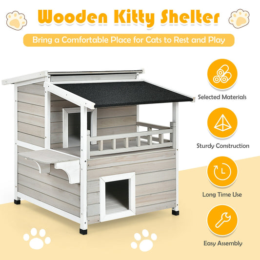 2-Story Wooden Cat Shelter with Large Balcony