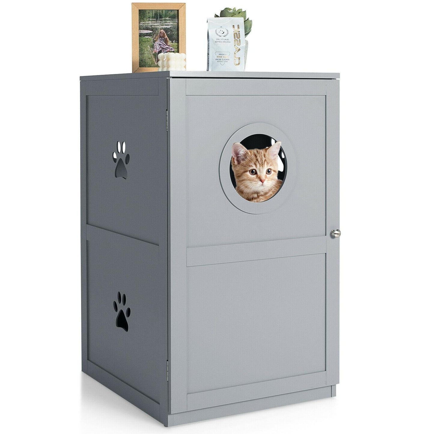 2-tier Litter Box Plus Cat House Combo With Anti-toppling Device-Grey