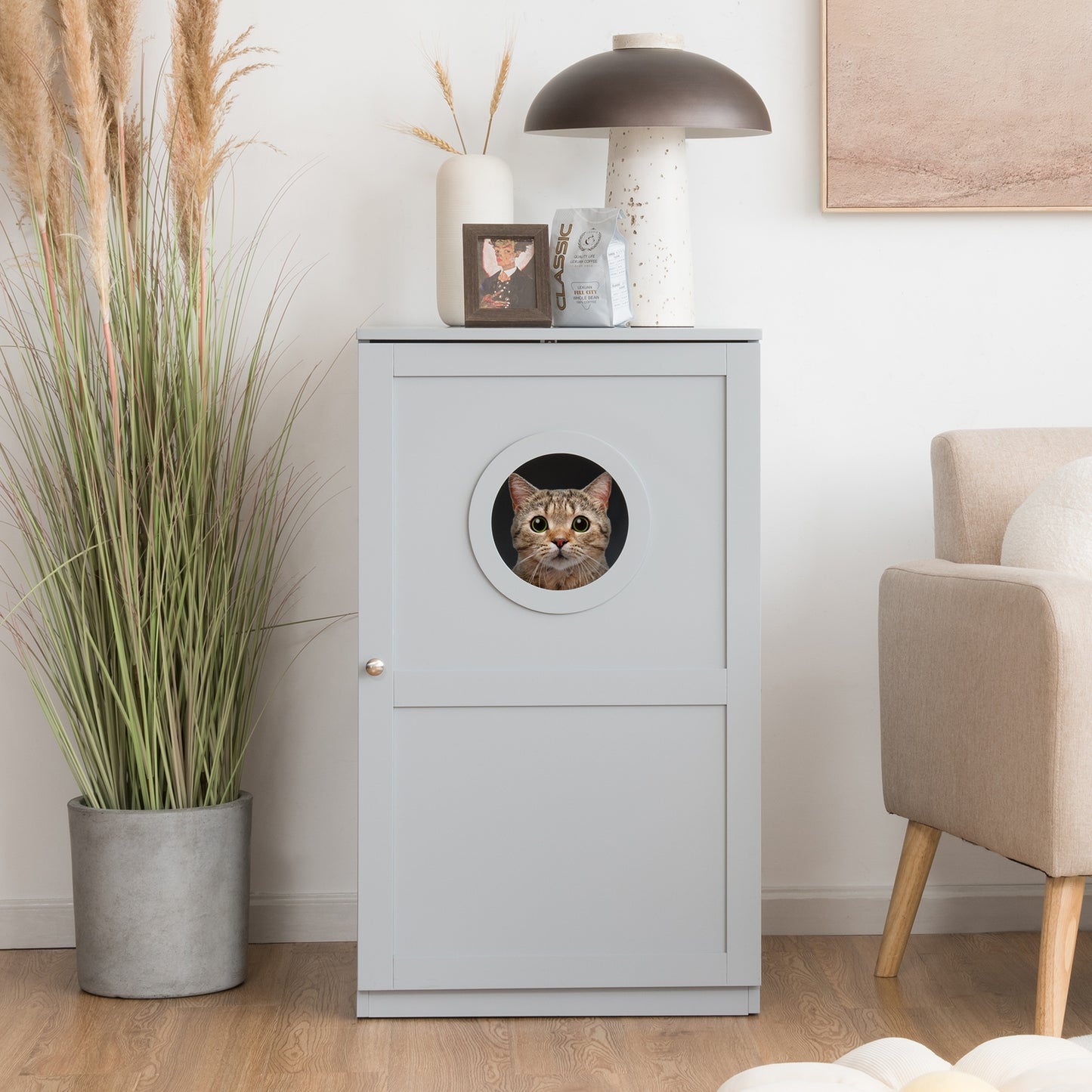2-tier Litter Box Plus Cat House Combo With Anti-toppling Device-Grey