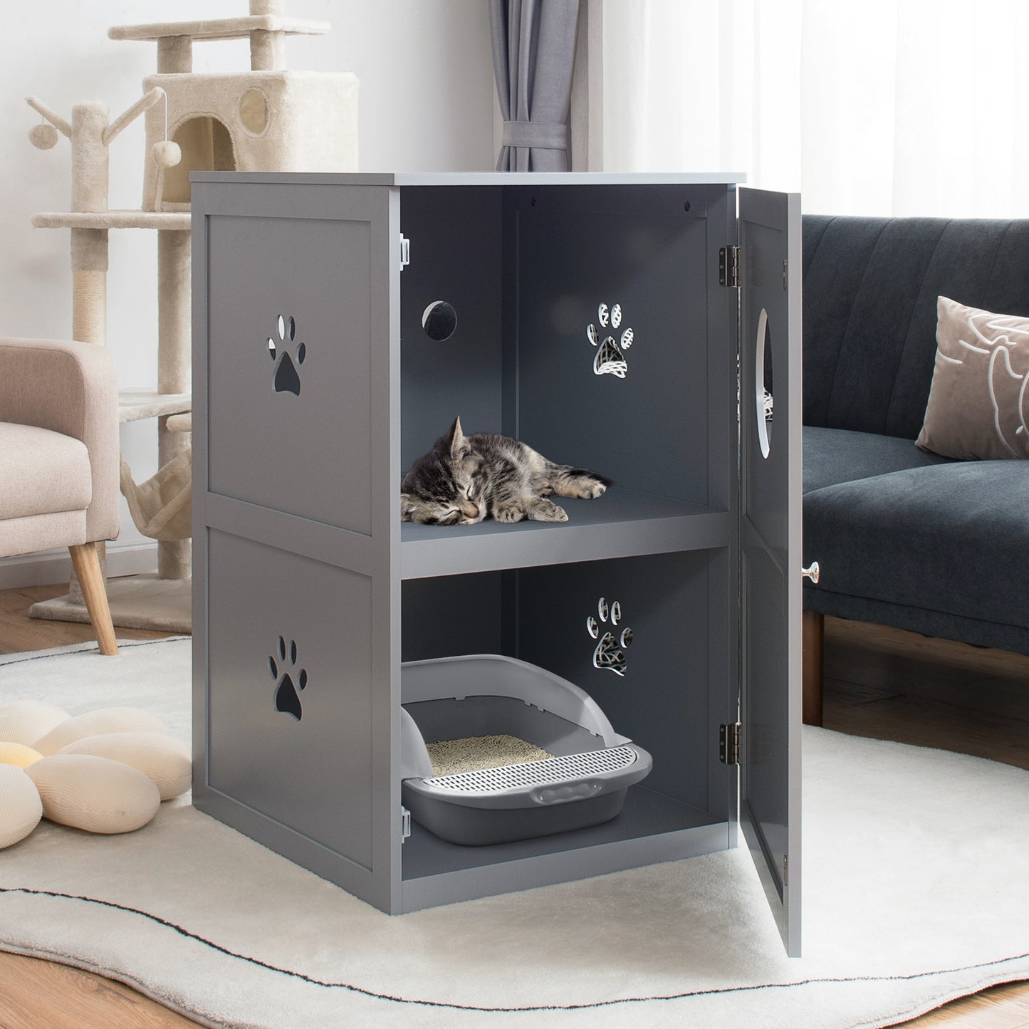 2-tier Litter Box Plus Cat House Combo With Anti-toppling Device-Grey