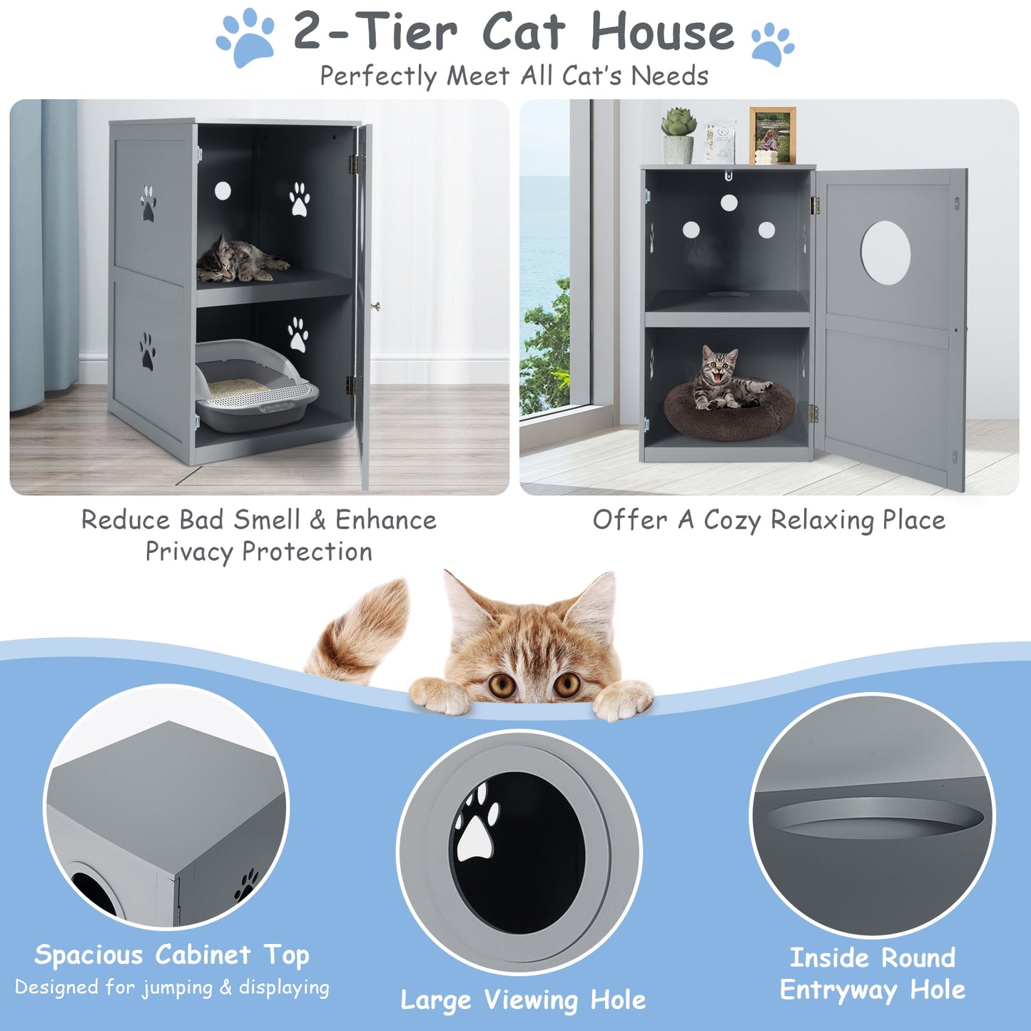 2-tier Litter Box Plus Cat House Combo With Anti-toppling Device-Grey