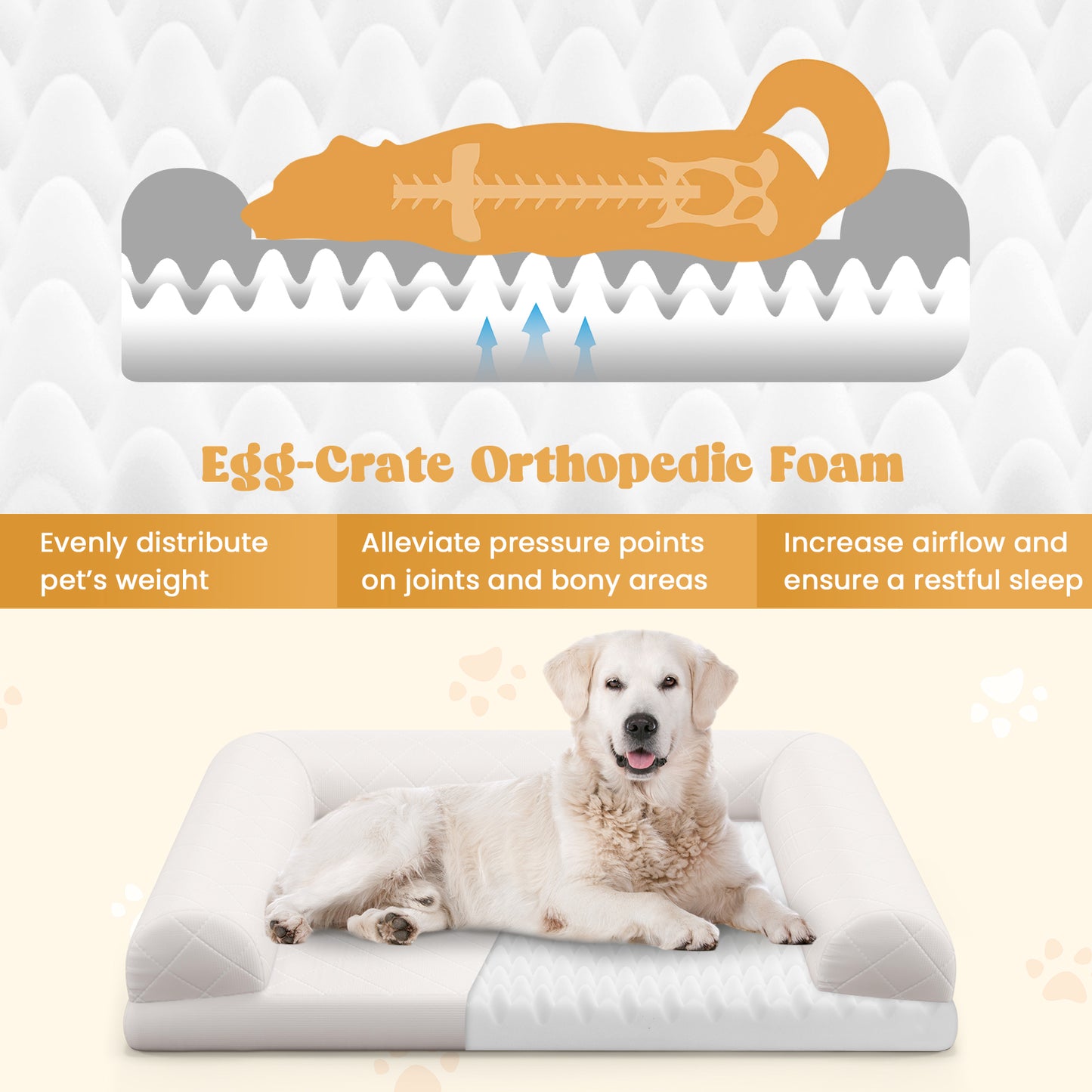 Orthopedic Dog Crate Bed with 3-Side Bolster - Light Beige