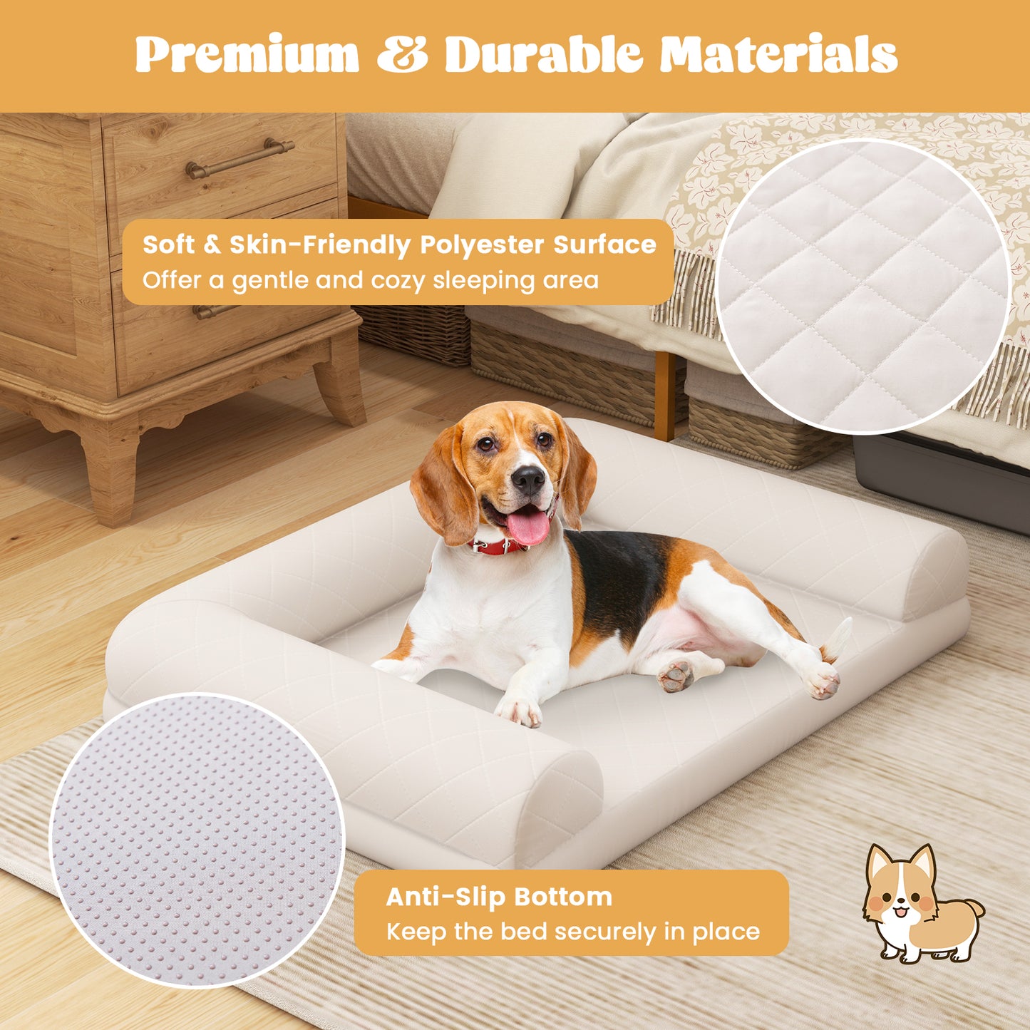 Orthopedic Dog Crate Bed with 3-Side Bolster - Light Beige