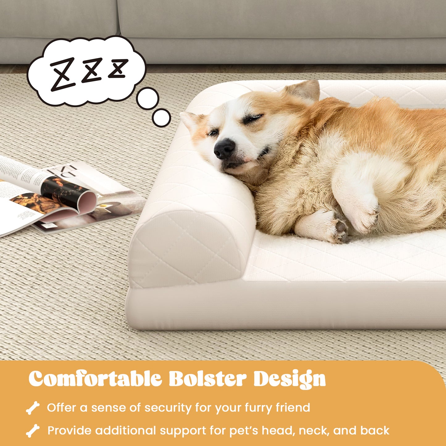 Orthopedic Dog Crate Bed with 3-Side Bolster - Light Beige