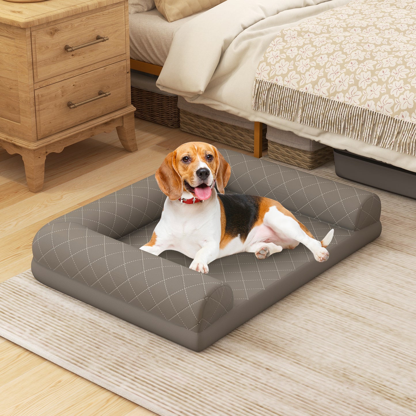 Orthopedic Dog Crate Bed with 3-Side Bolster and Removable Cover
