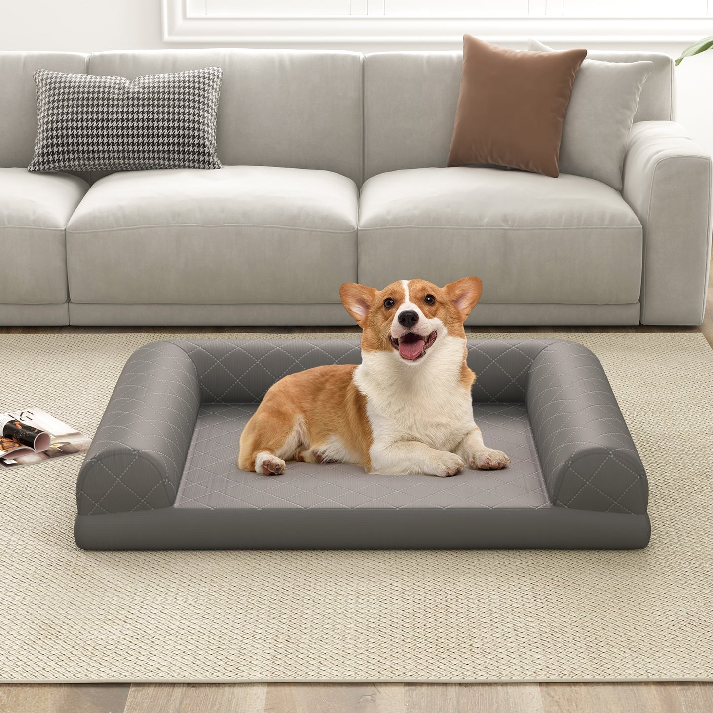Orthopedic Dog Crate Bed with 3-Side Bolster and Removable Cover
