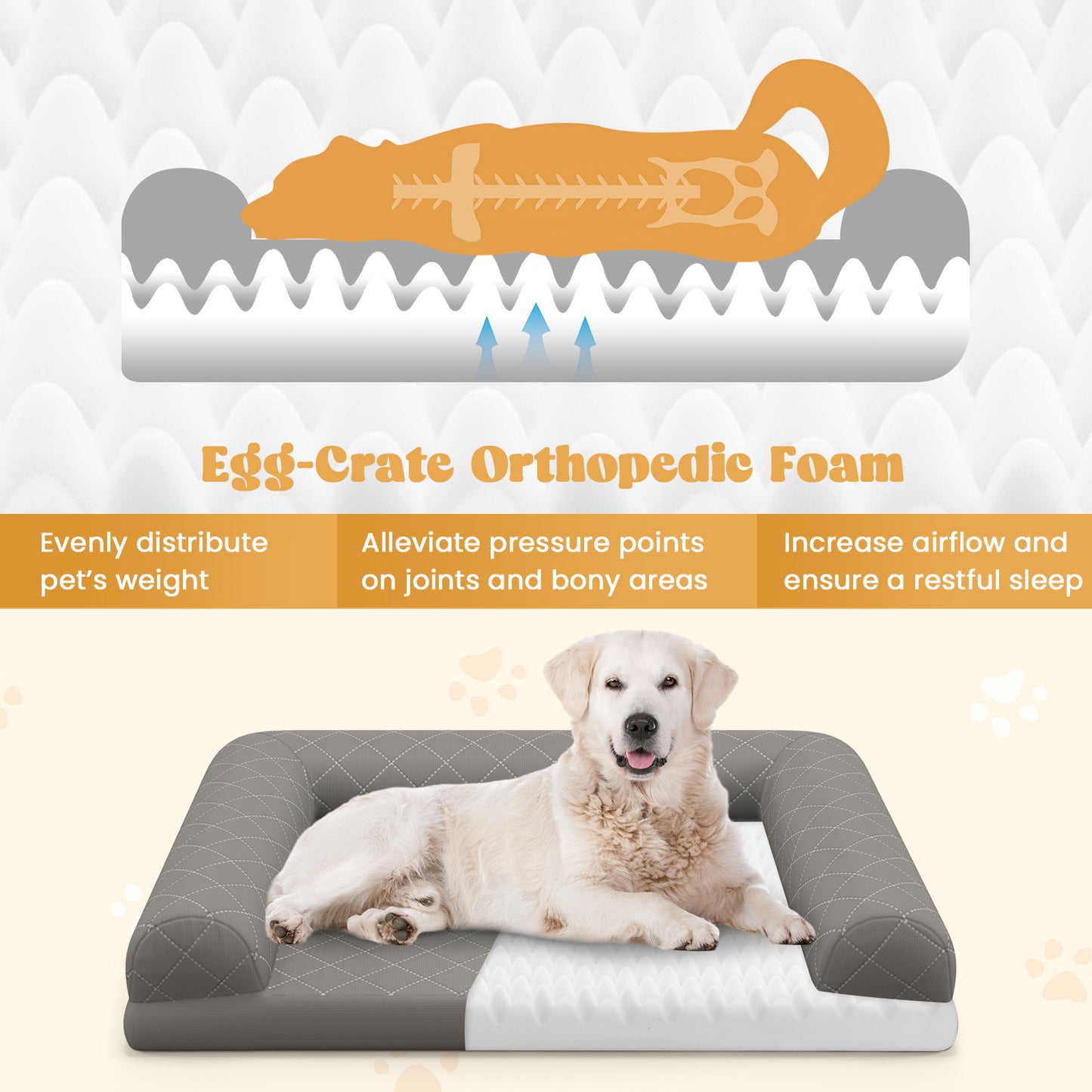 Orthopedic Dog Crate Bed with 3-Side Bolster and Removable Cover