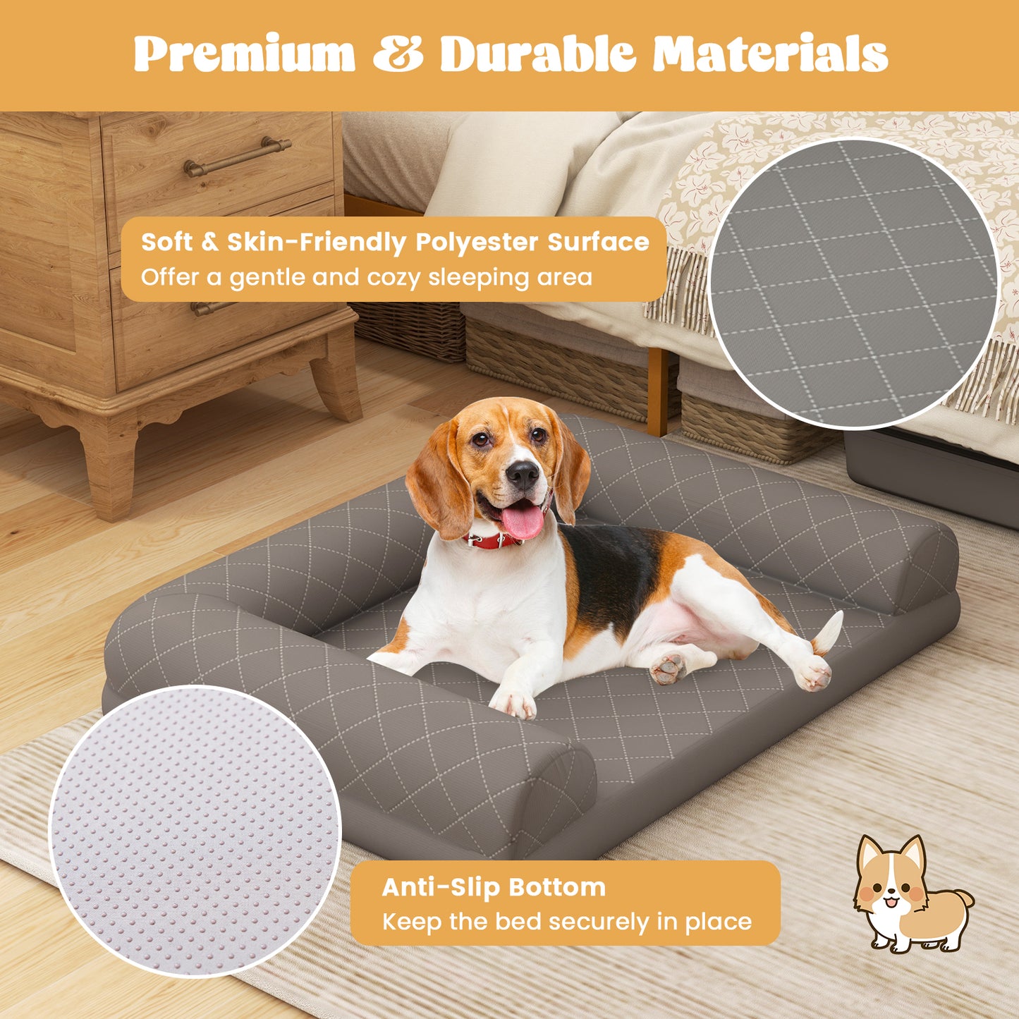 Orthopedic Dog Crate Bed with 3-Side Bolster and Removable Cover