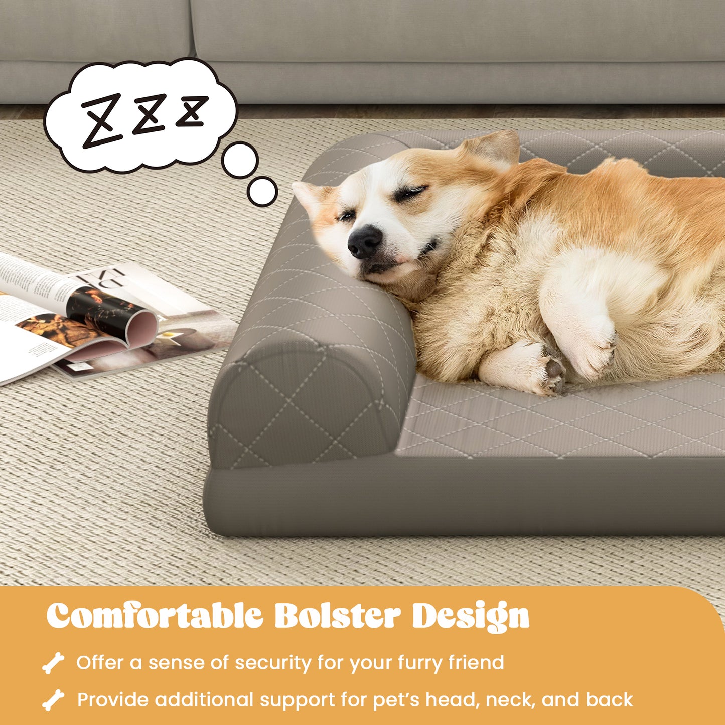 Orthopedic Dog Crate Bed with 3-Side Bolster and Removable Cover