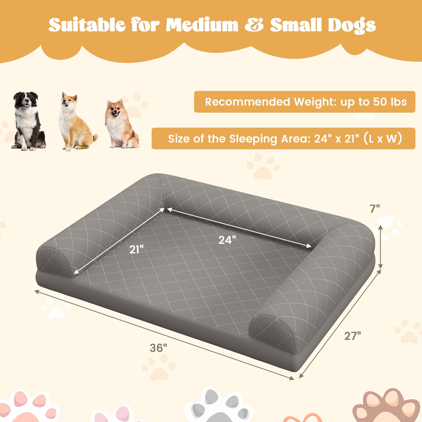 Orthopedic Dog Crate Bed with 3-Side Bolster and Removable Cover