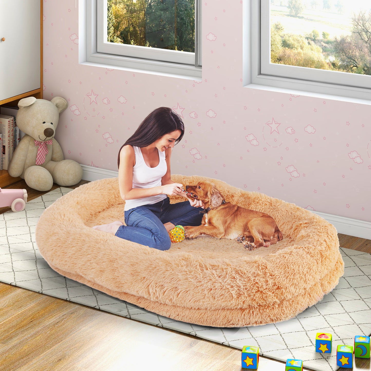Washable Fluffy Human Dog Bed with Blanket and Pillow