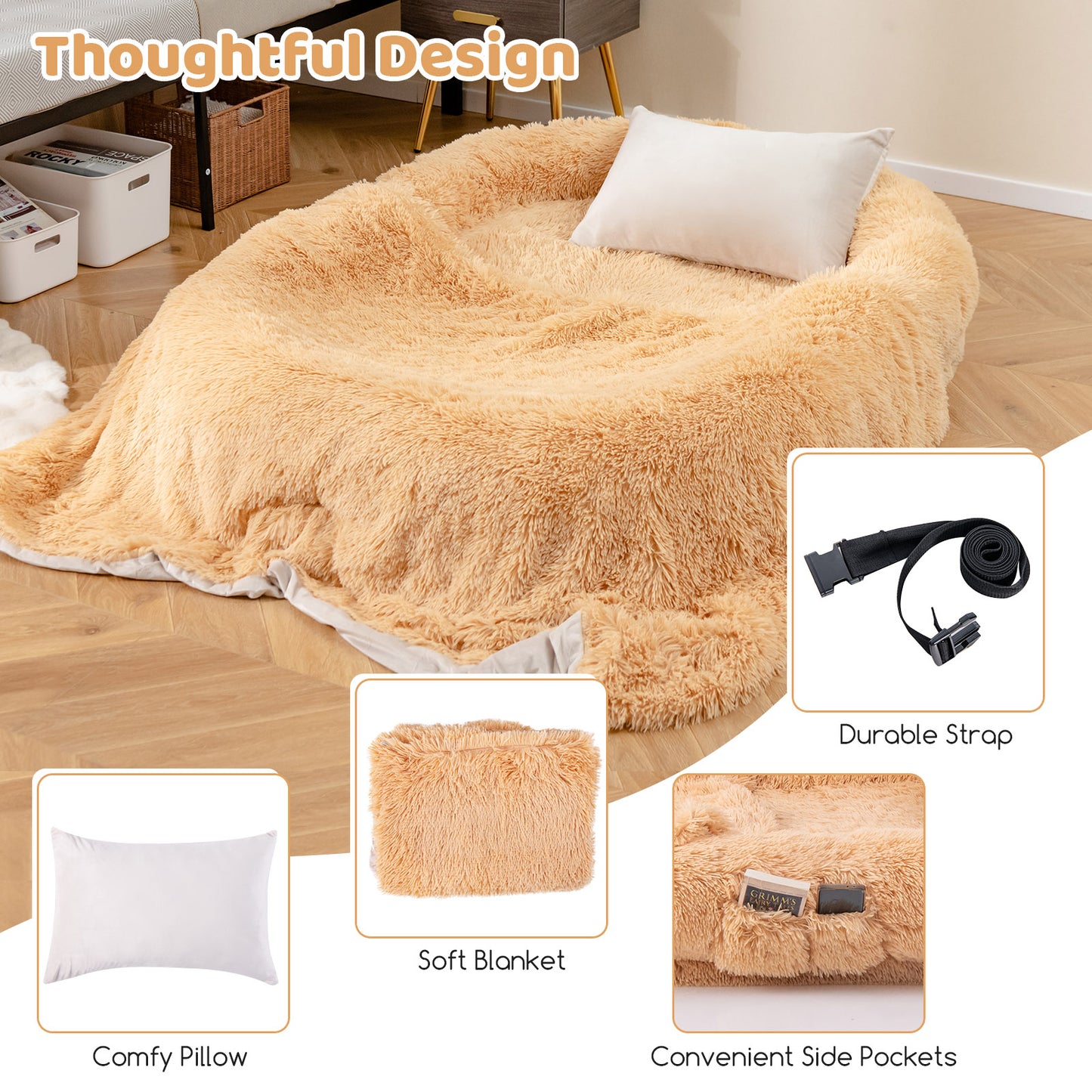 Washable Fluffy Human Dog Bed with Blanket and Pillow