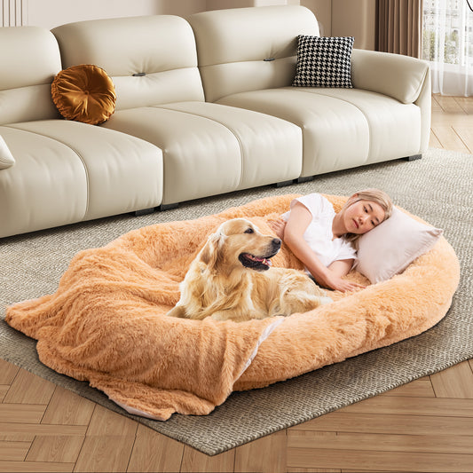 Washable Fluffy Human Dog Bed with Blanket and Pillow