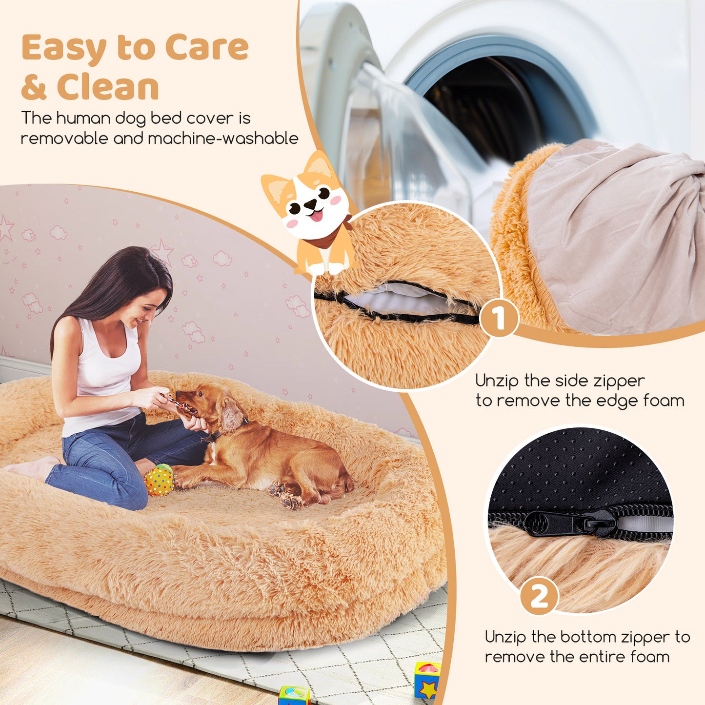 Washable Fluffy Human Dog Bed with Blanket and Pillow