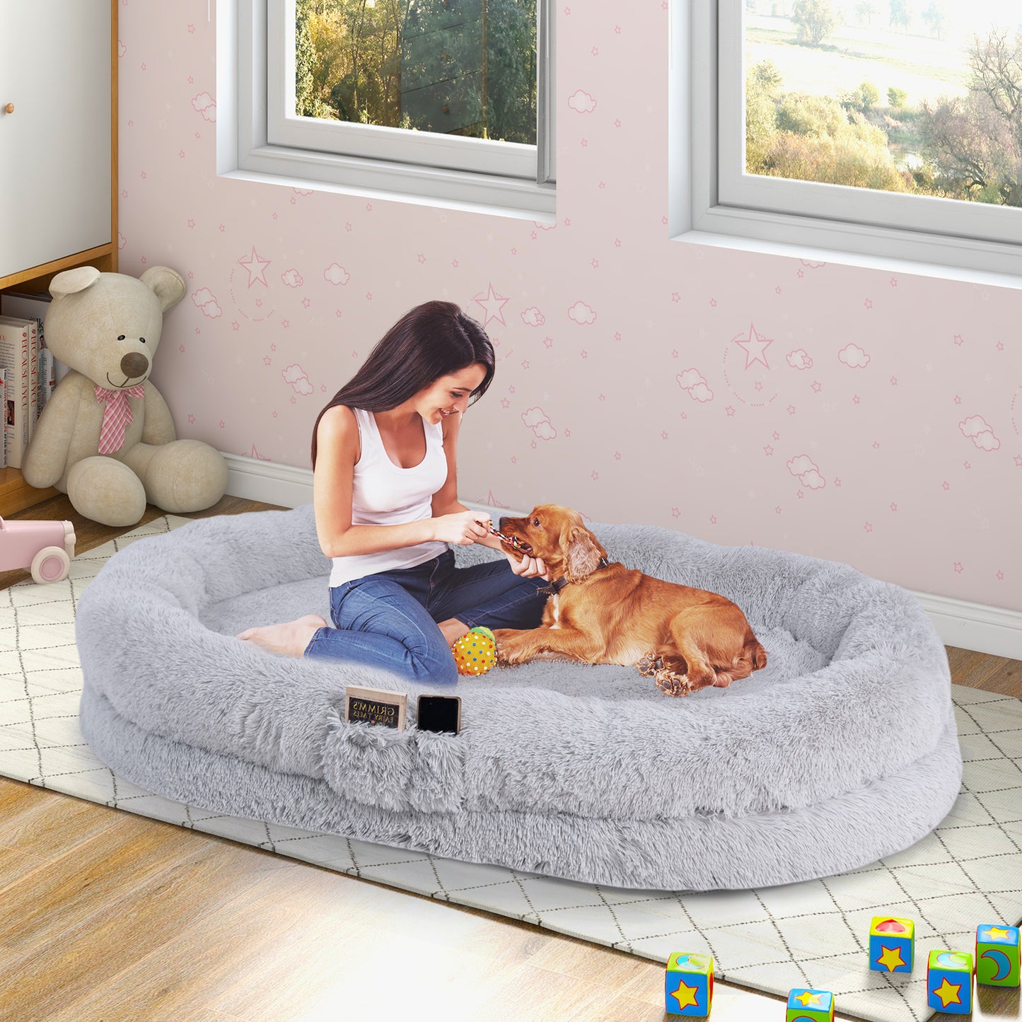 Grey Human-Dog Bed with Soft Blanket and Pillow