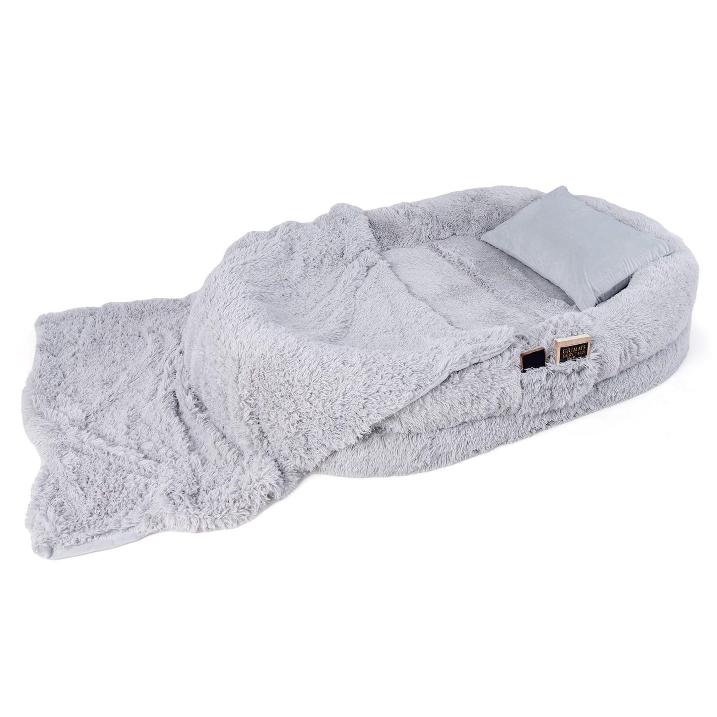 Grey Human-Dog Bed with Soft Blanket and Pillow