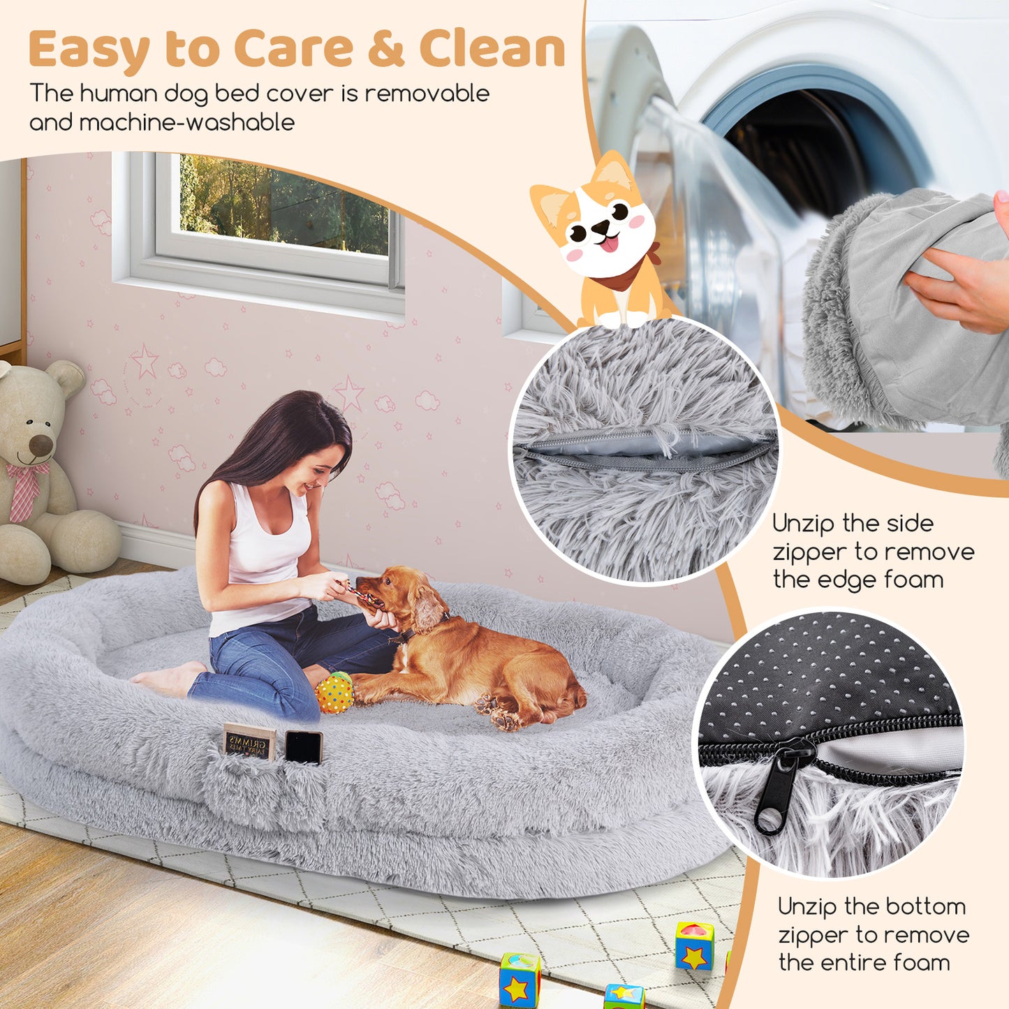Grey Human-Dog Bed with Soft Blanket and Pillow