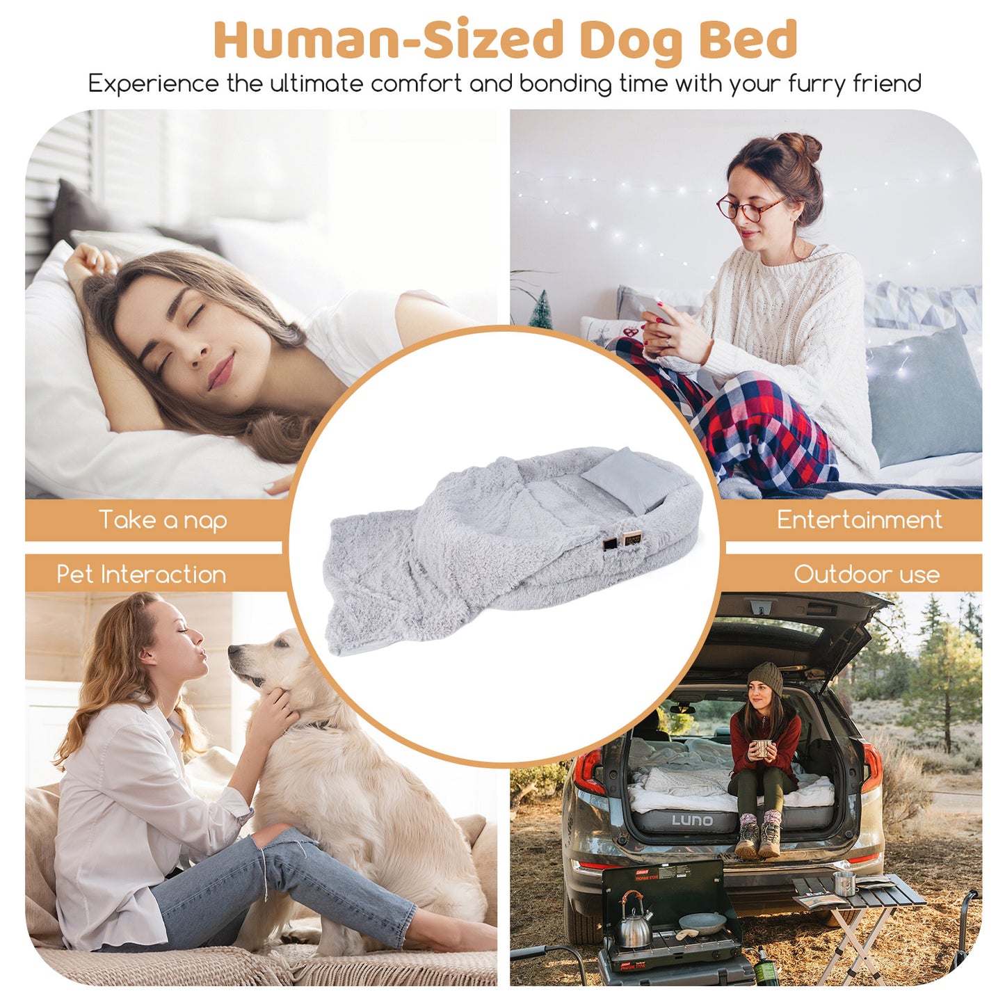 Grey Human-Dog Bed with Soft Blanket and Pillow