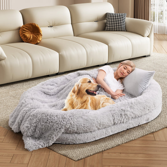 Grey Human-Dog Bed with Soft Blanket and Pillow