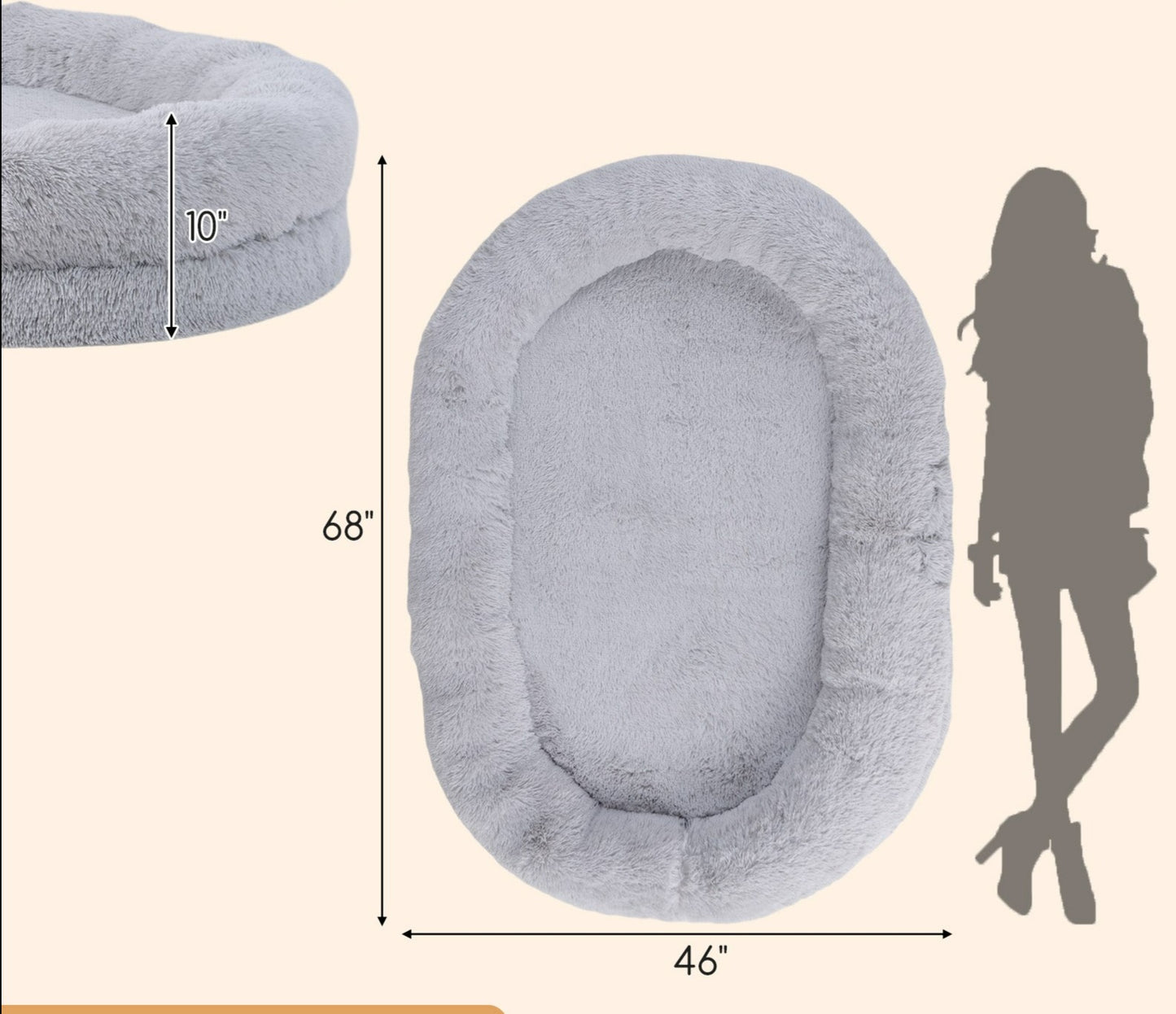 Grey Human-Dog Bed with Soft Blanket and Pillow