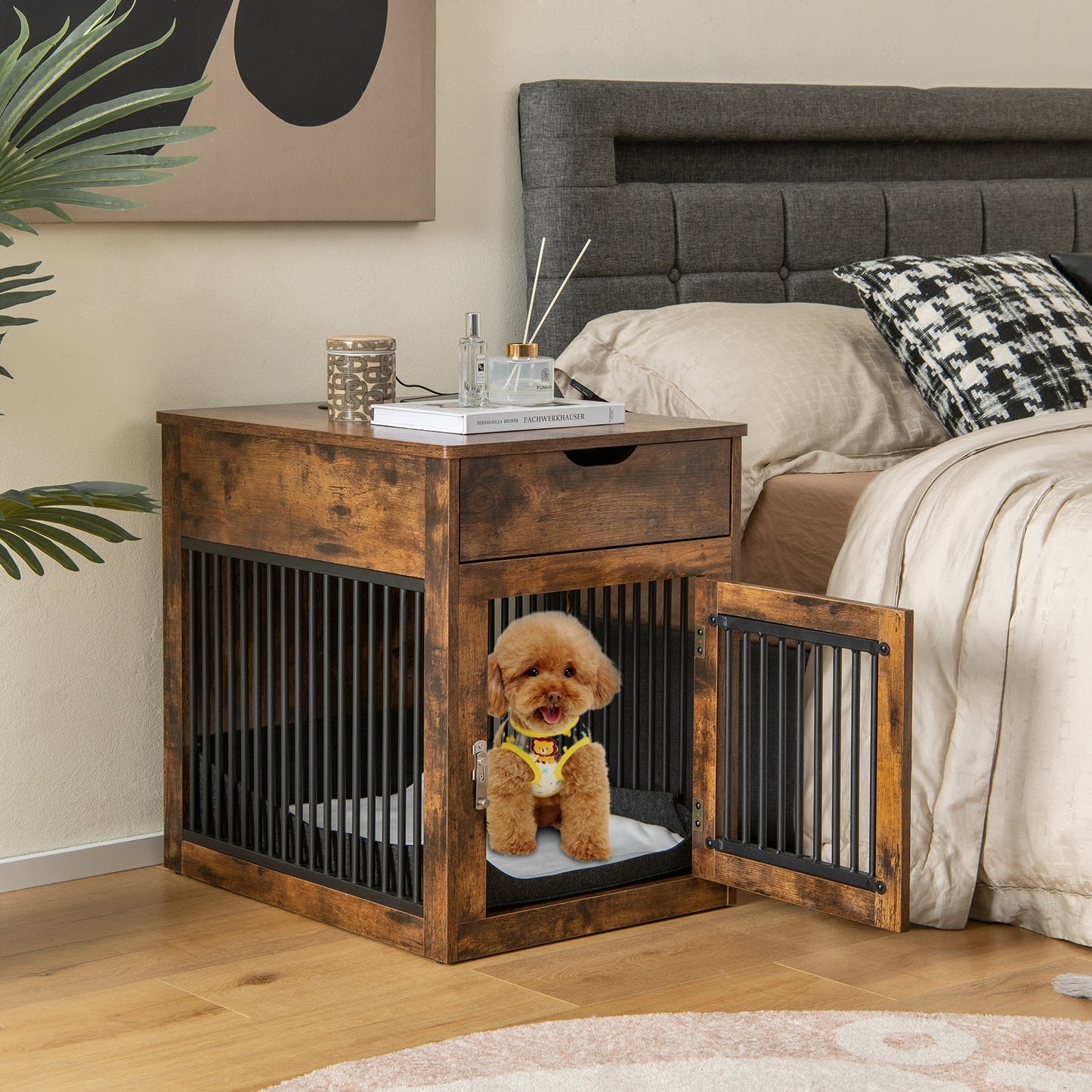 Dog Crate and Side Table Combo with Wireless Charging Stations