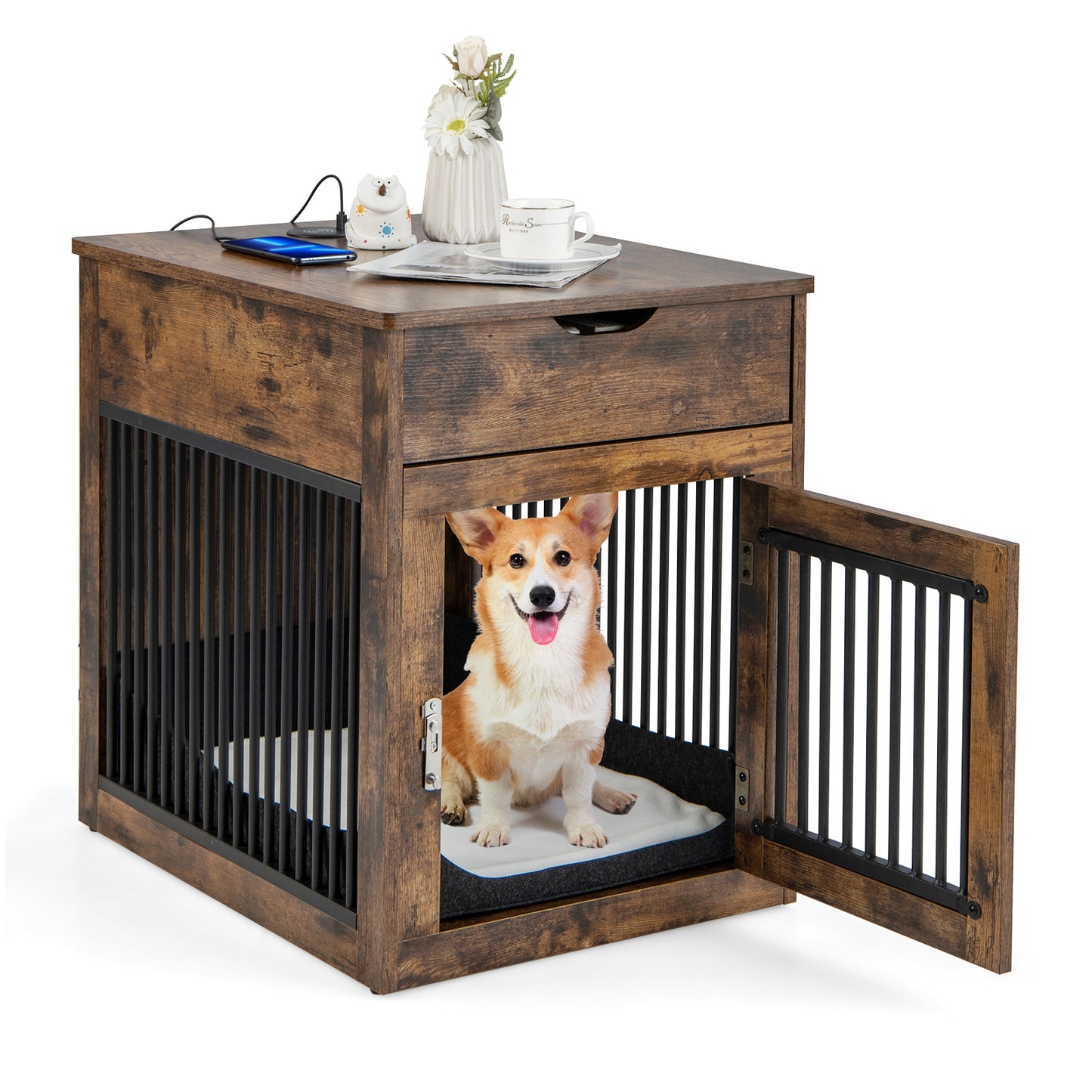 Dog Crate and Side Table Combo with Wireless Charging Stations