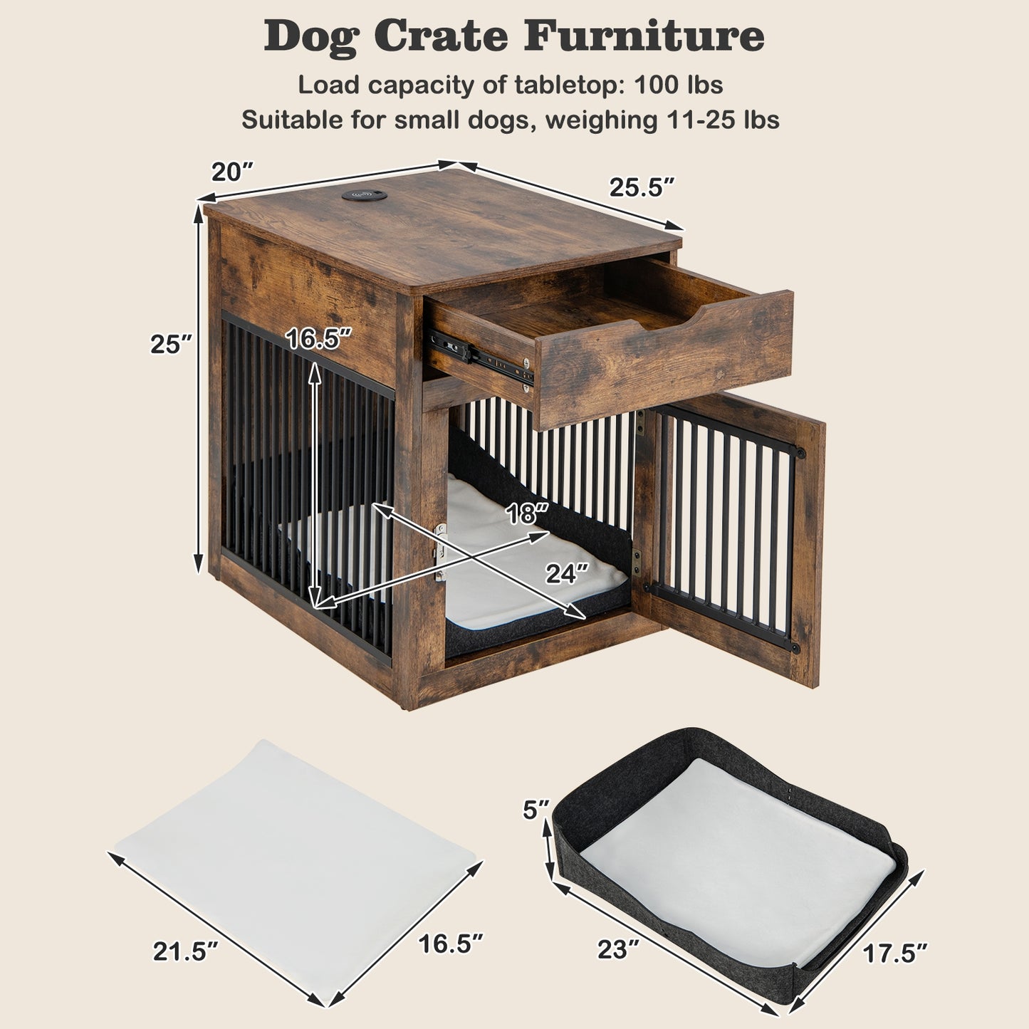 Dog Crate and Side Table Combo with Wireless Charging Stations