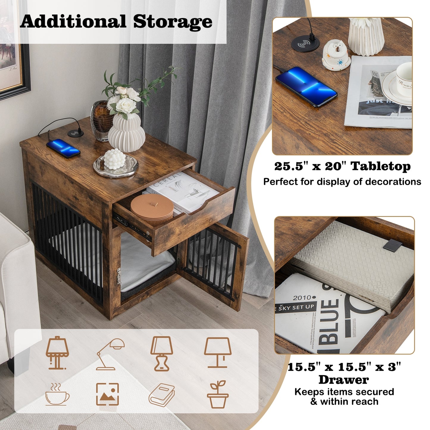 Dog Crate and Side Table Combo with Wireless Charging Stations