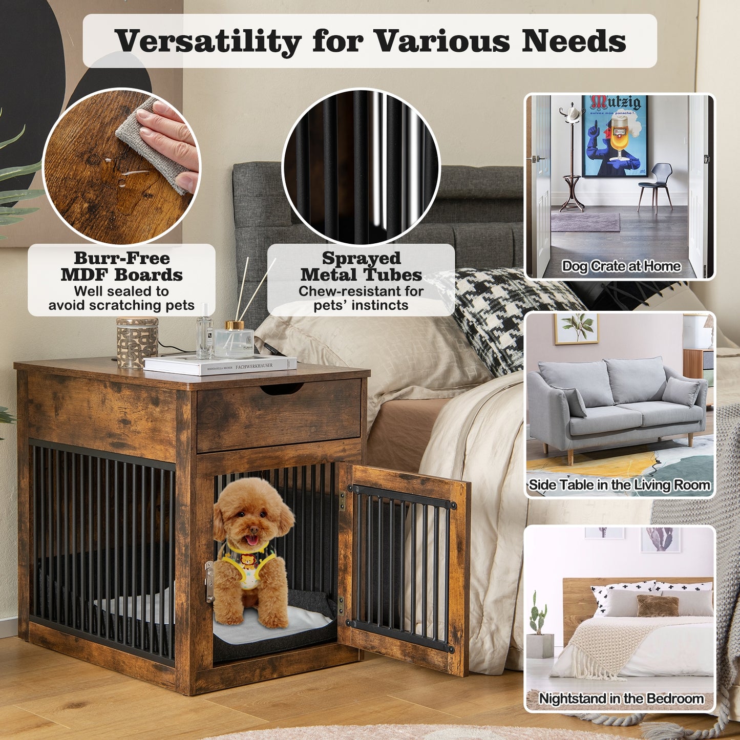 Dog Crate and Side Table Combo with Wireless Charging Stations