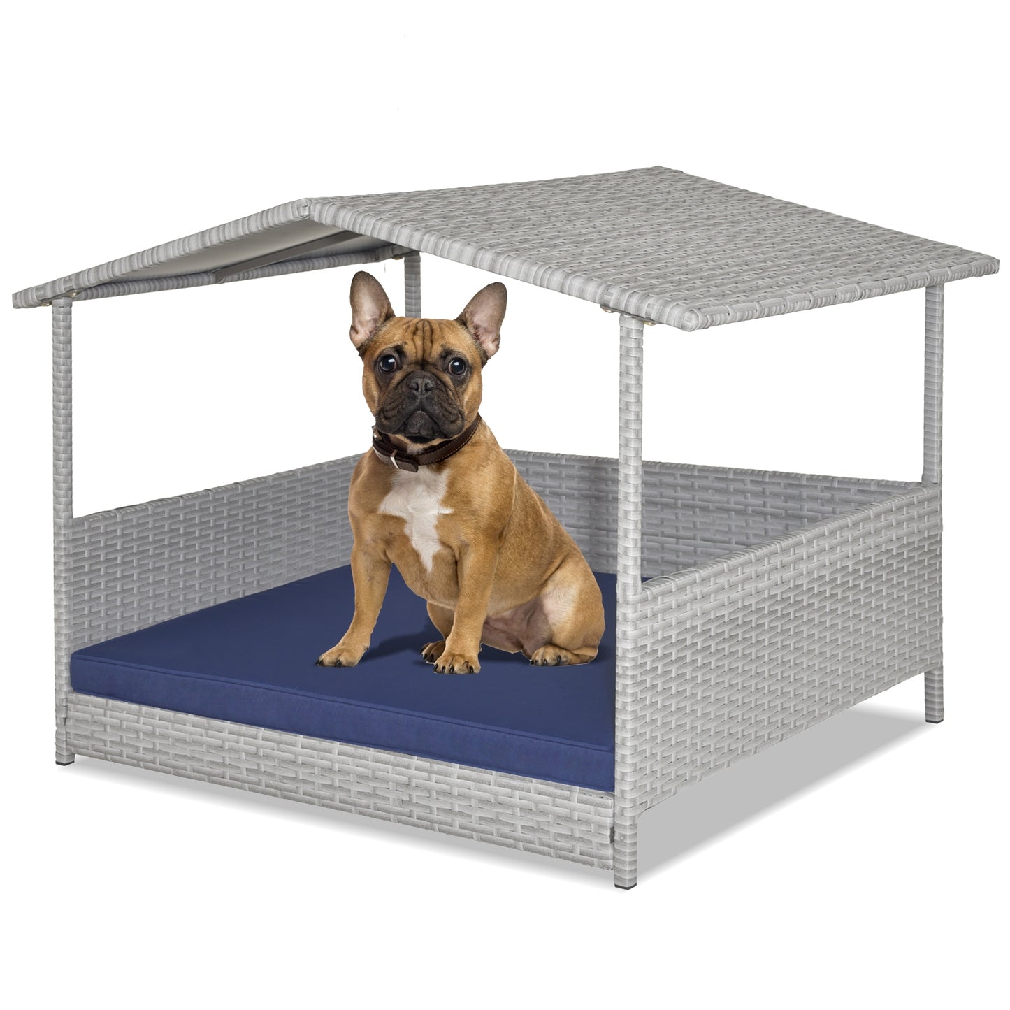 Wicker Outdoor Dog Lounger with Waterproof Roof and Washable Cushion Cover