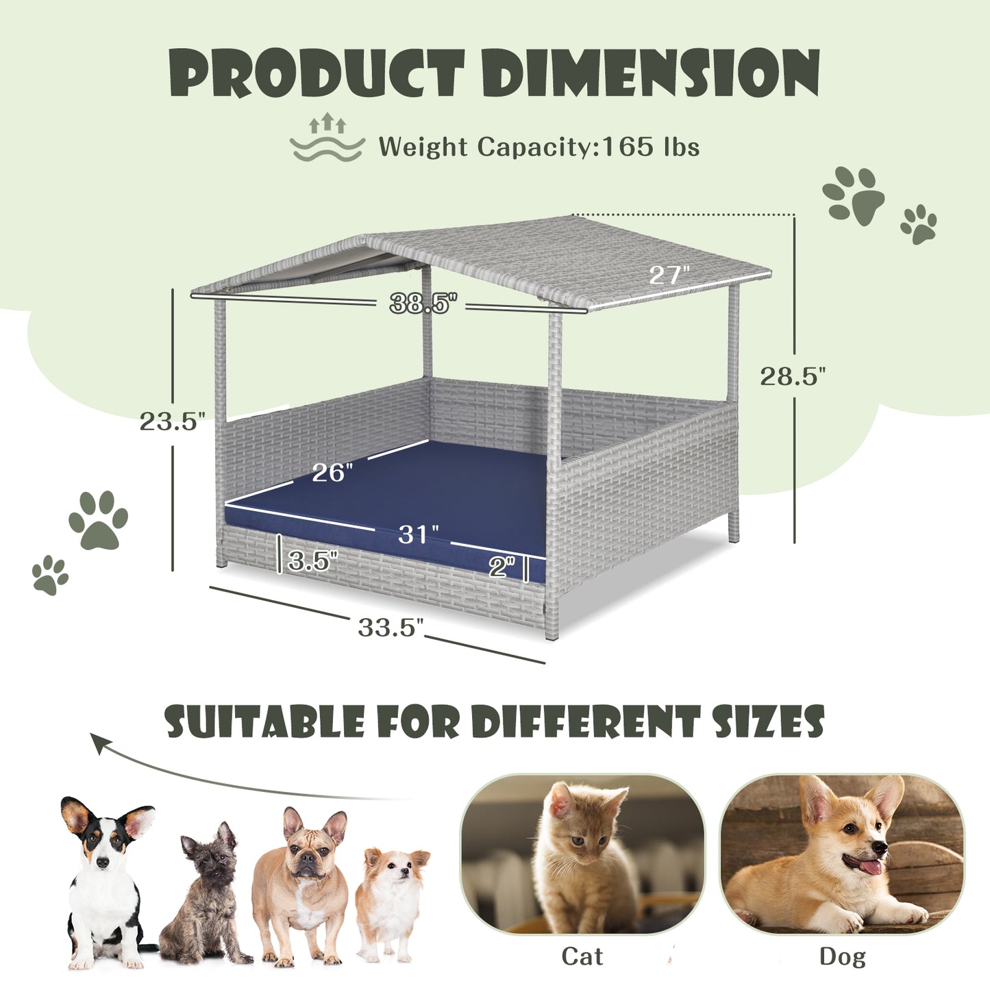 Wicker Outdoor Dog Lounger with Waterproof Roof and Washable Cushion Cover