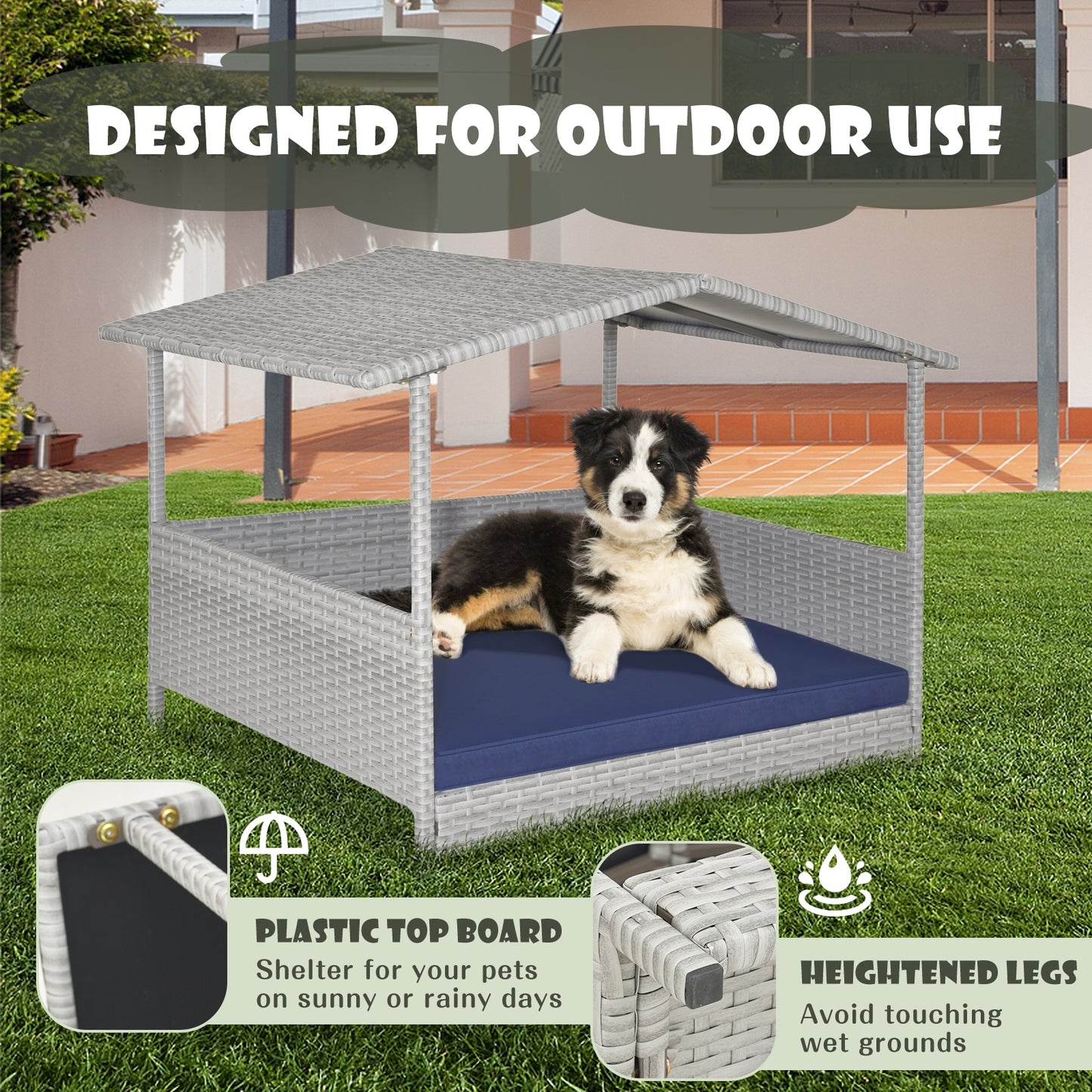 Wicker Outdoor Dog Lounger with Waterproof Roof and Washable Cushion Cover