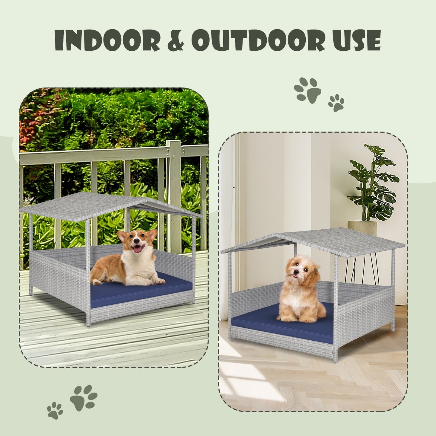 Wicker Outdoor Dog Lounger with Waterproof Roof and Washable Cushion Cover