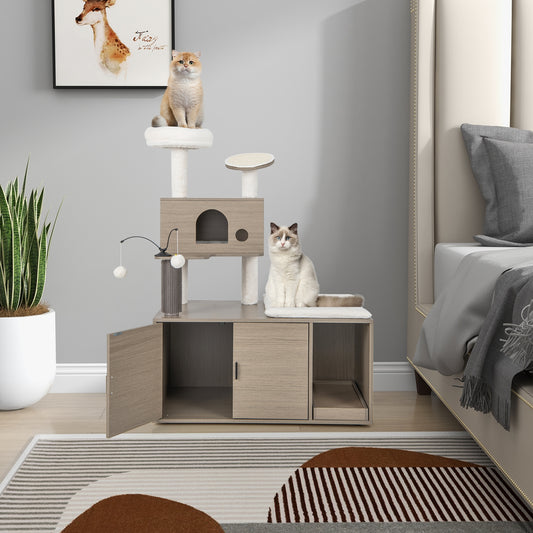 2-in-1 Modern Cat Tower with Litter Box Enclosure for Indoor Cats-Gray