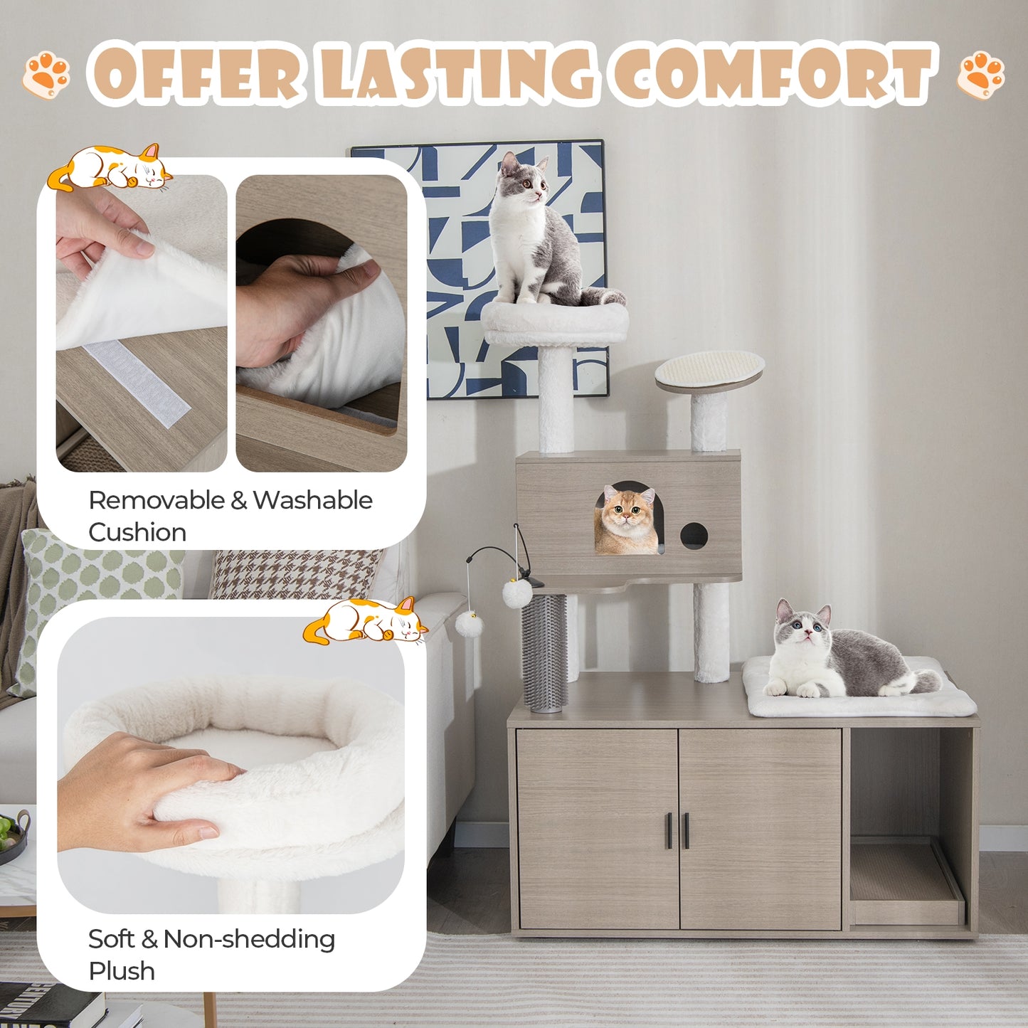 2-in-1 Modern Cat Tower with Litter Box Enclosure for Indoor Cats-Gray