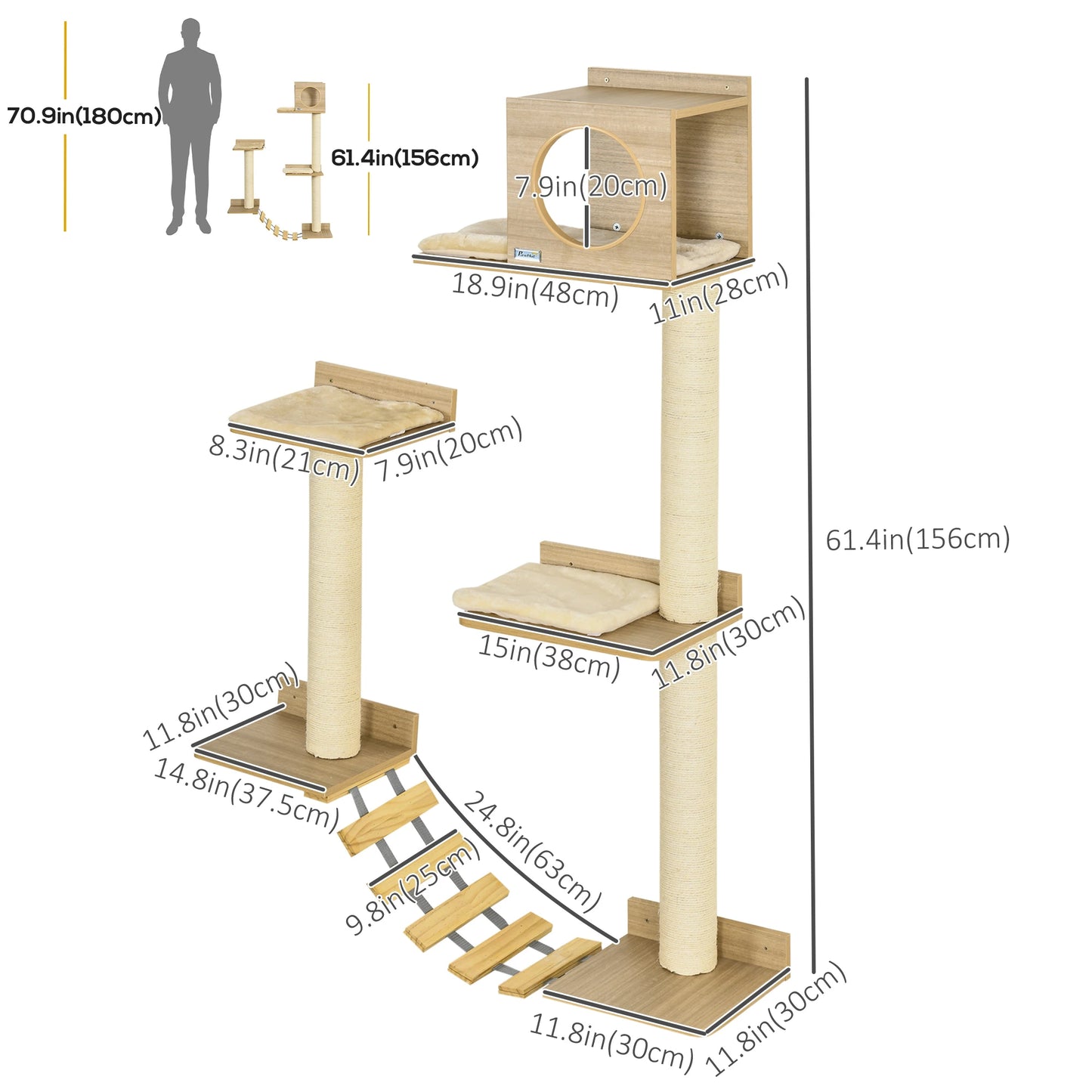 Wall-Mounted Cat Tree With Bridge and Scratching Posts