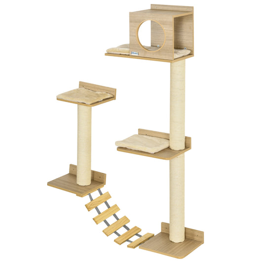 Wall-Mounted Cat Tree With Bridge and Scratching Posts