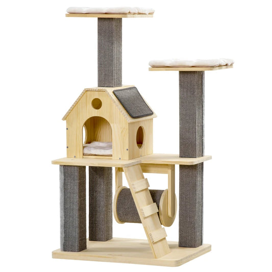 Wooden Cat Tree Activity Centre With Natural Sisal Scratching Posts