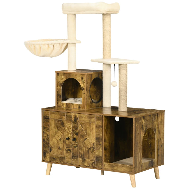 Litter Box Enclosure with Cat Tree Tower in Rustic Brown