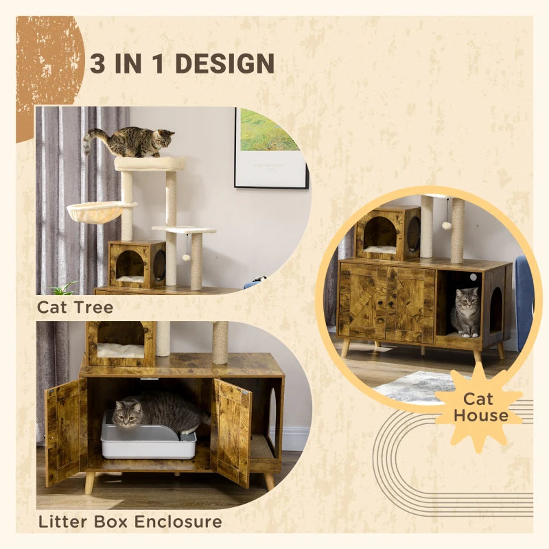 Litter Box Enclosure with Cat Tree Tower in Rustic Brown