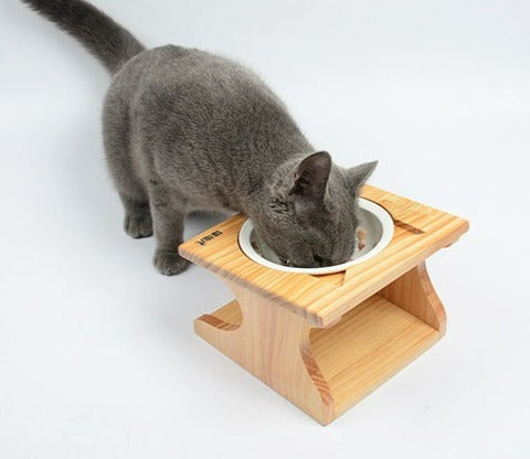 Single Elevated Pet Bowl With Cervical Angle on Solid Wood Stand - InspirationIncluded