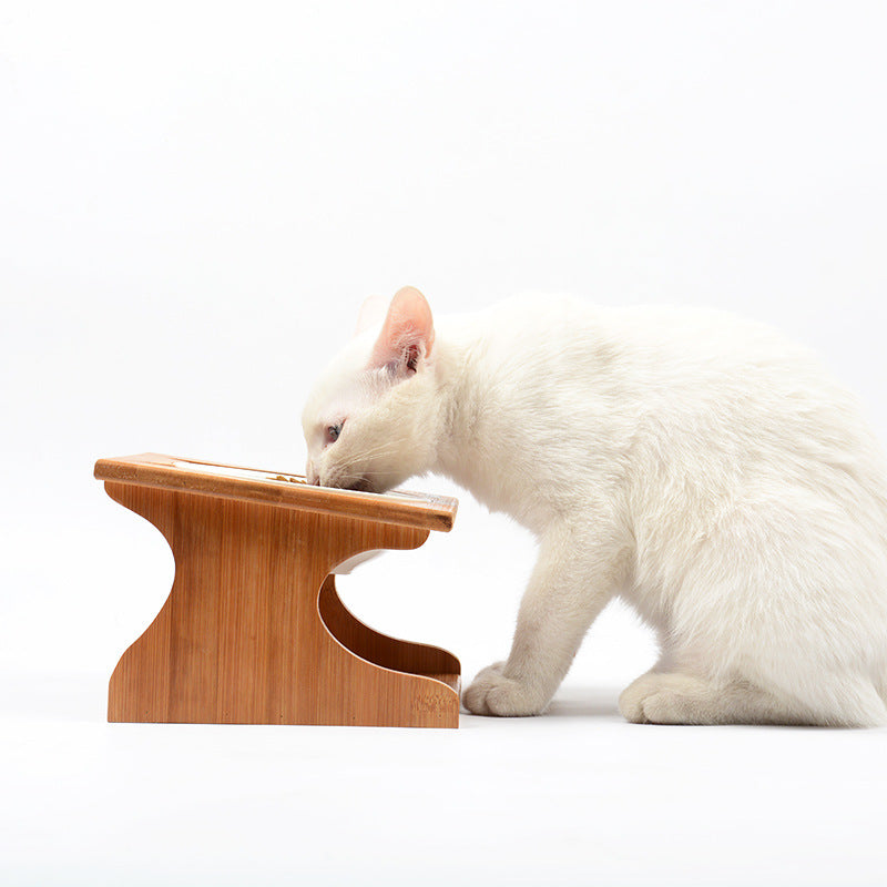 Single Elevated Pet Bowl With Cervical Angle on Solid Wood Stand - InspirationIncluded