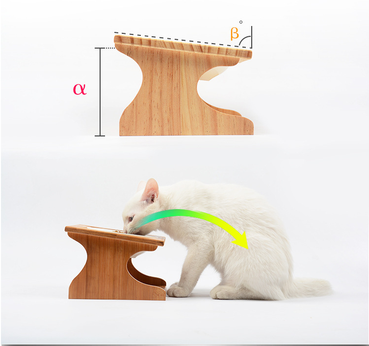 Single Elevated Pet Bowl With Cervical Angle on Solid Wood Stand - InspirationIncluded